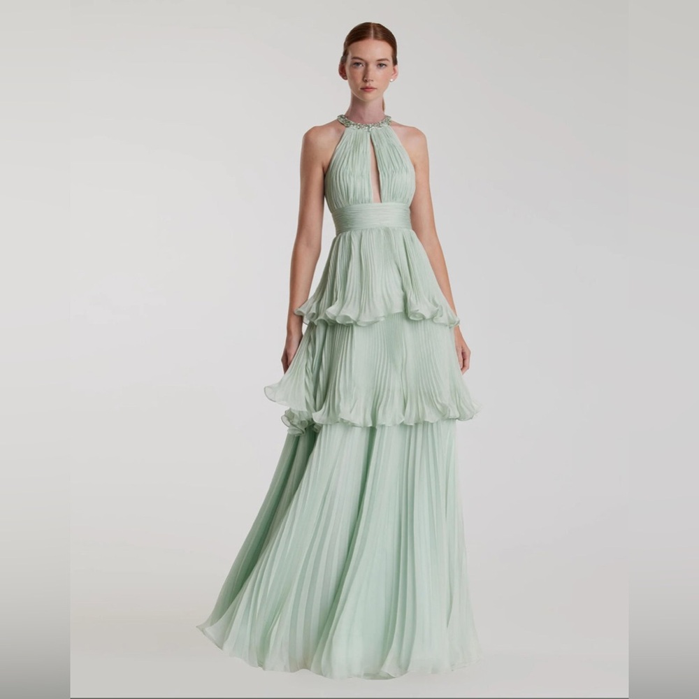 Mac Duggal Green High Neck Chiffon Tiered Gown with‎ Cutout 49835 Mint sz 6 NWT